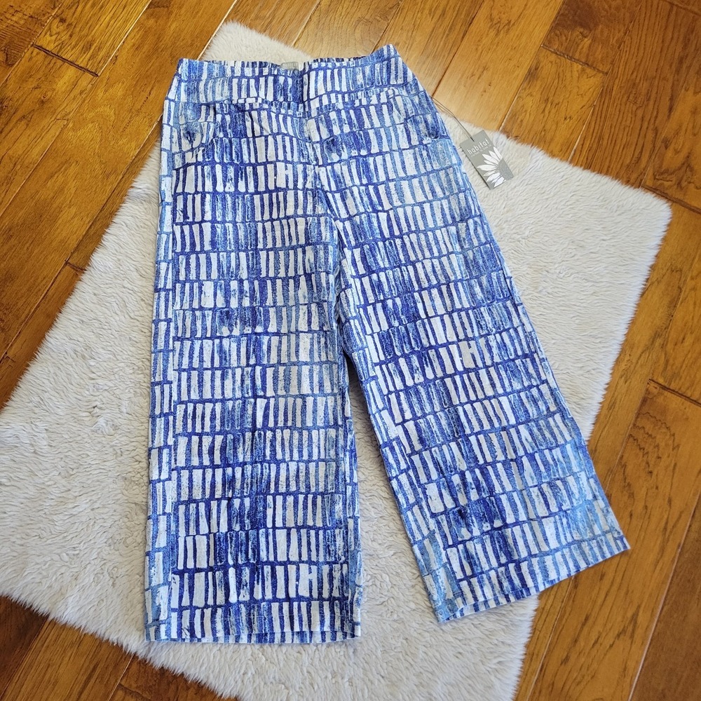 NWT Habitat Linen Cotton Cropped Pants Women's Small Blue White Pockets Pull On